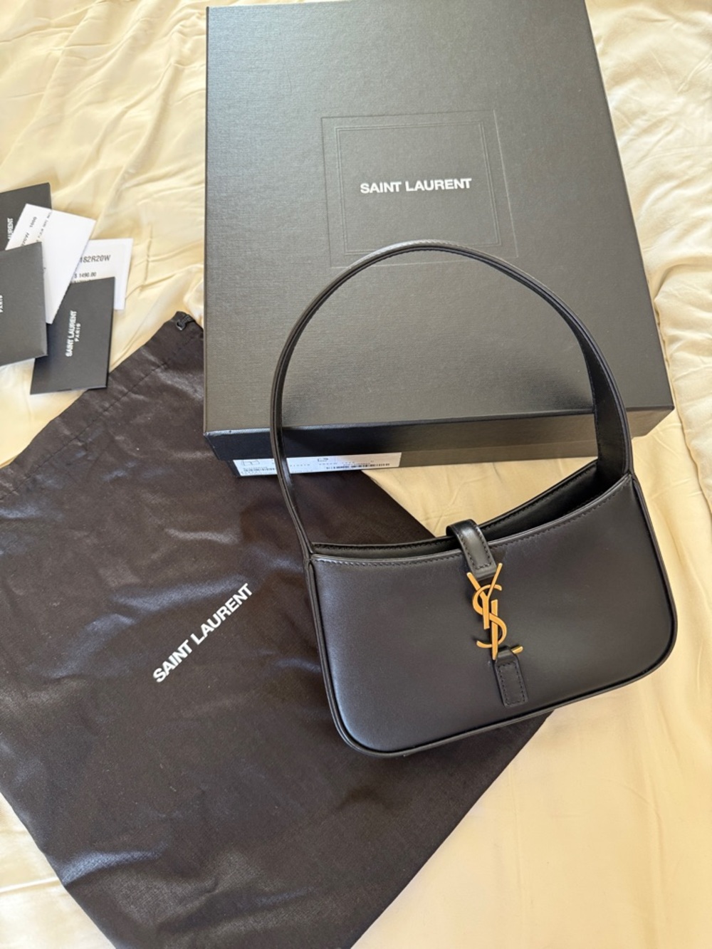 Saint Laurent Black Leather Shoulder Bag with Gold YSL Monogram NEVER USED - Picture 3 of 10